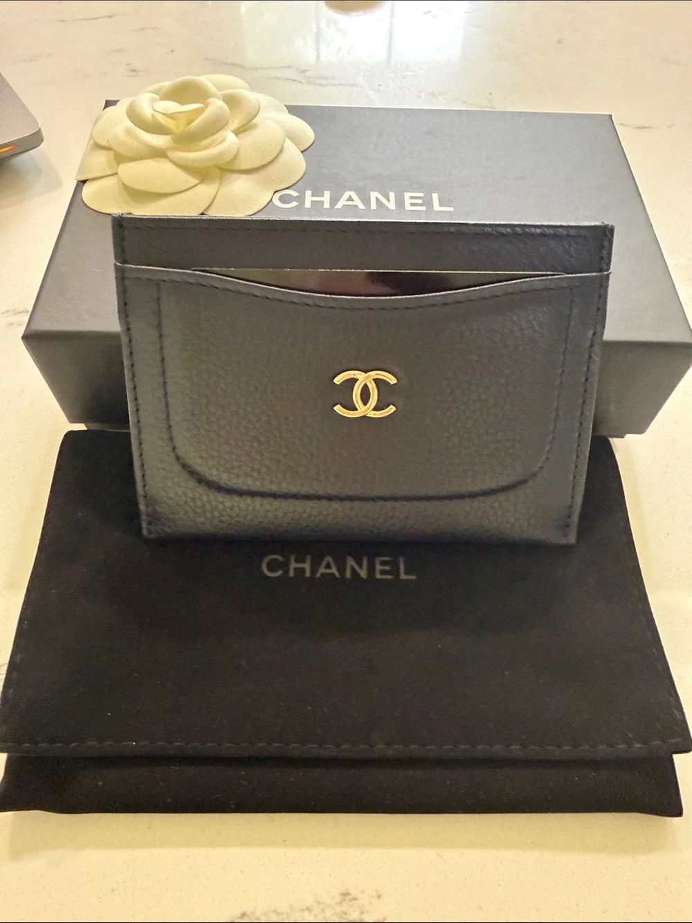CHANEL Navy and Gold Leather Card Holder with CC Emblem